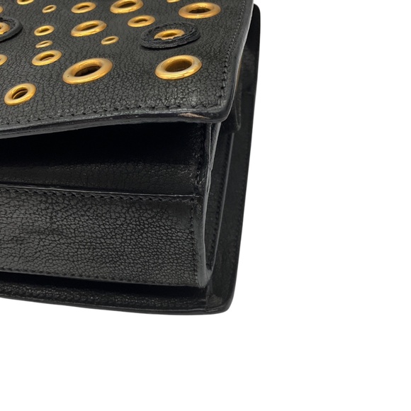 PRADA BLACK / GOLD GROMMET EMBELLISHED LOGO PLAQUE GRAINED LEATHER HANDBAG - Picture 10 of 13